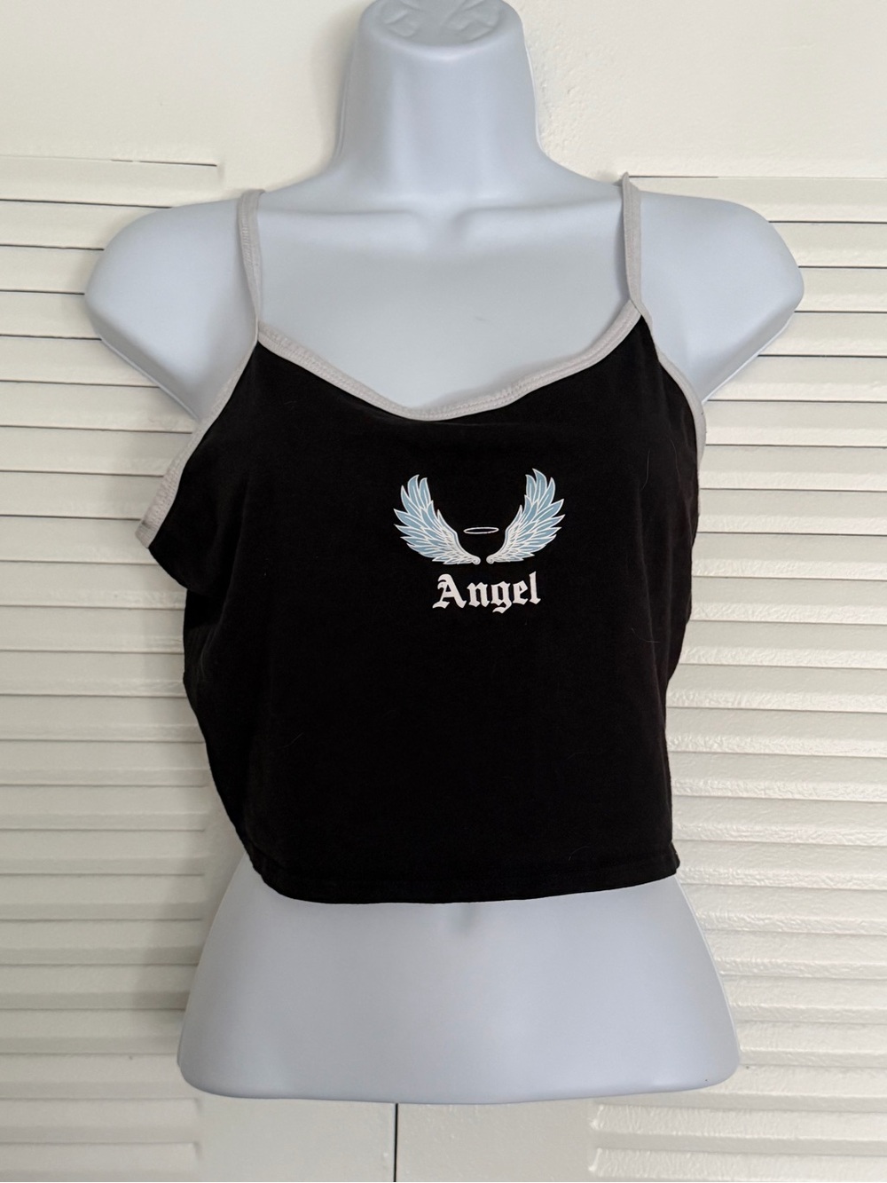 No Boundaries Black Crop Camisole with Angel Graphic and Cream Trim